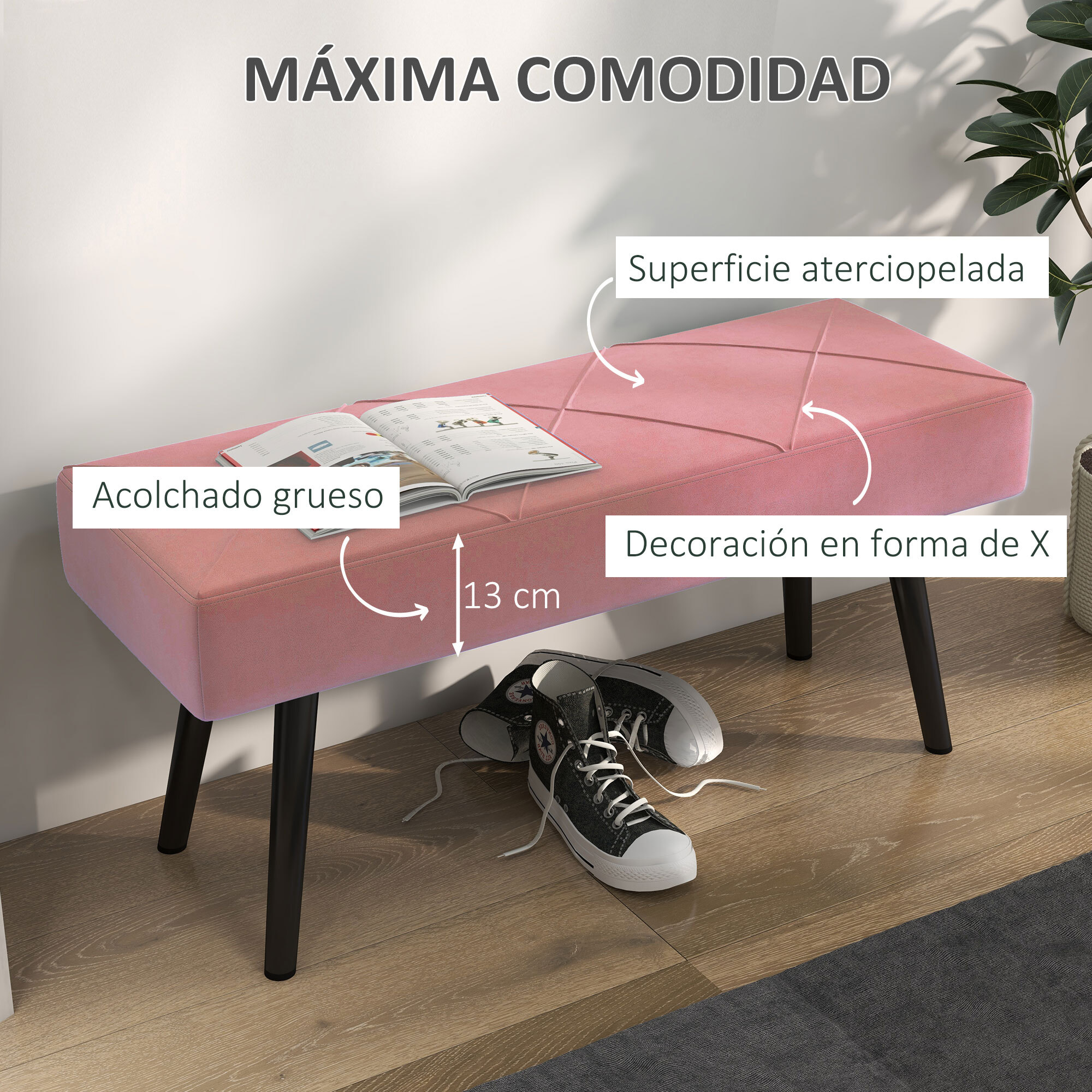 Taburete Pie de Cama Multifuncional Banco Pie de Cama Moderno Banco Dormitorio con Pies de Acero y Asiento Acolchado Carga 120 kg para Entrada Pasillo 100x36x45 cm Rosa