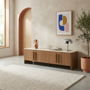 Meuble TV décor bois et effet travertin 4 portes 180cm ARETHA