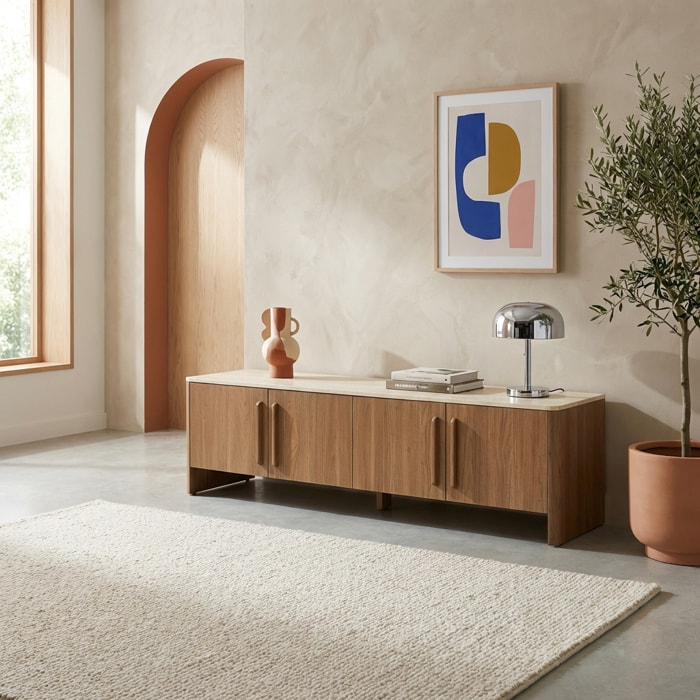 Meuble TV décor bois et effet travertin 4 portes 180cm ARETHA