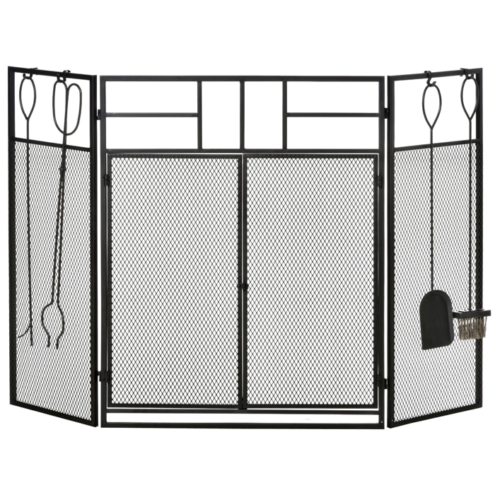 Salvachispas para Chimenea Protector de Chimenea Plegable con Paneles con Doble Puerta 4 Herramientas Estructura de Metal y Ganchos 106x79 cm Negro