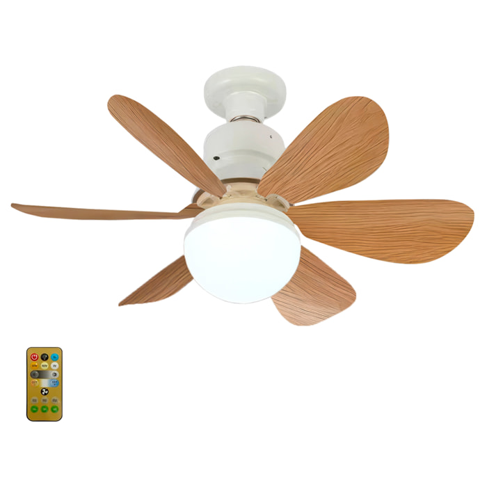 Ventilador de techo FS-HX-R520-B de 52 cm. Adaptador E27, 3 velocidades y luz LED regulable de 18 W. Incluye mando a distancia.