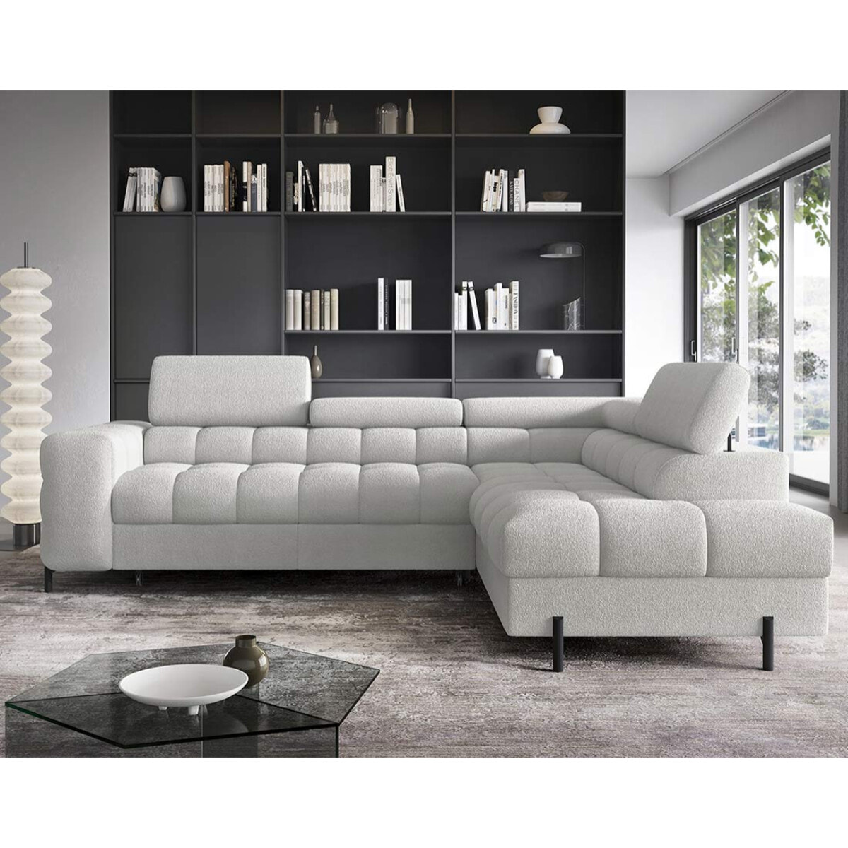Elisa - canapé d'angle droit 5 places convertible avec coffre et têtières réglables en tissu bouclette - Gris clair