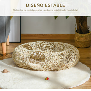 Cama para Gatos de Ratán 78x69x22 cm Cesta para Gatos Rolliza con Cojín Suave