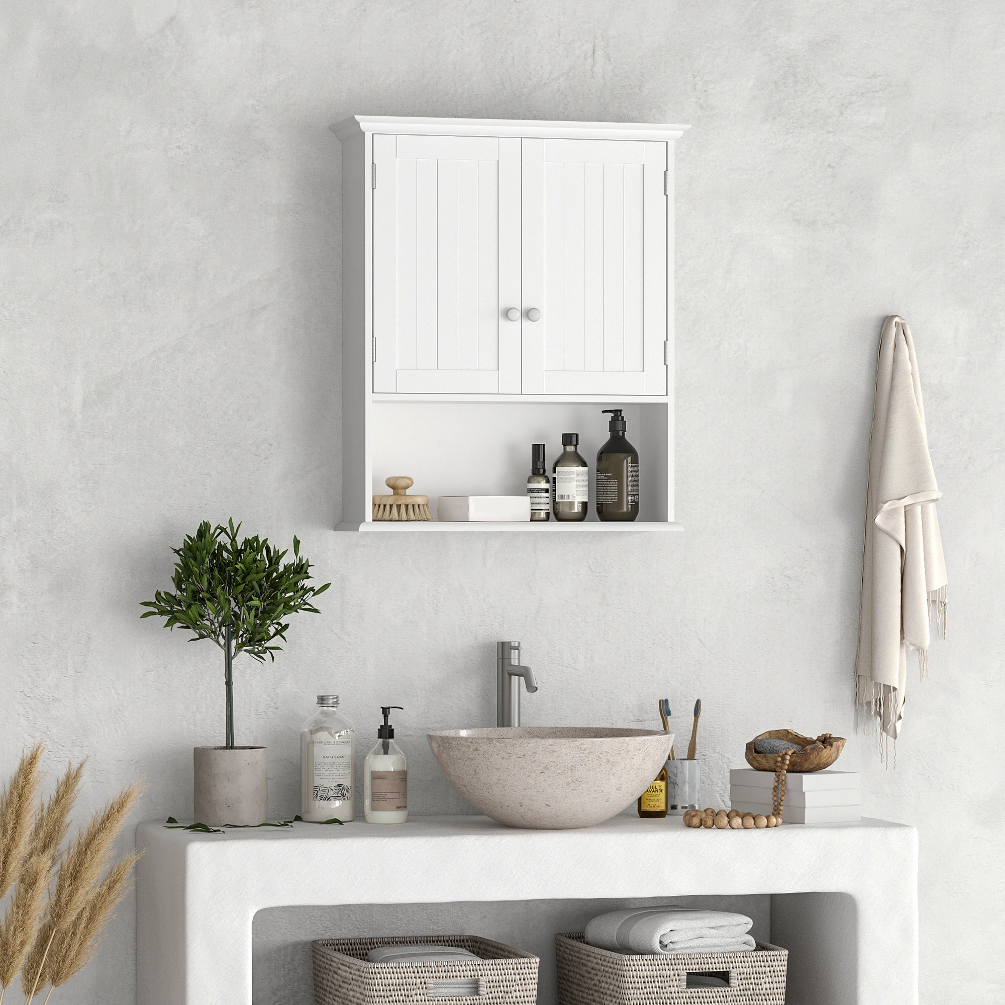 kleankin Armario Baño de Pared con 2 Puertas Estante Interior Ajustable y Compartimento Abierto Mueble Auxiliar Suspendido Multiusos para Cocina 60x20x70,5 cm Blanco