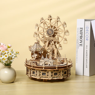 Maqueta de Madera 3D, con movimiento mecánico diseño Parque de atracciones de ensueño con luz y música. 370 piezas.
