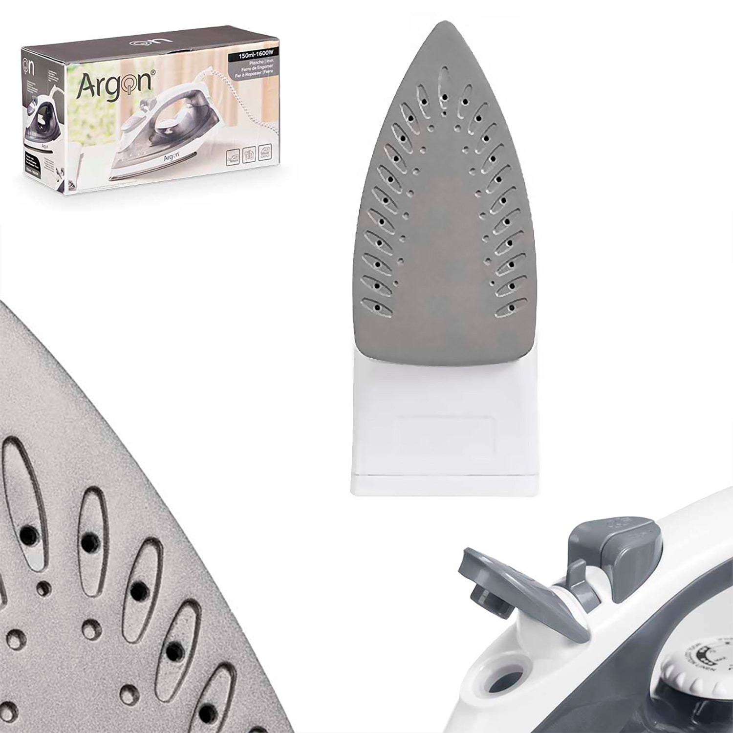 Plancha gris con 1600W de potencia y 170ml de capacidad.