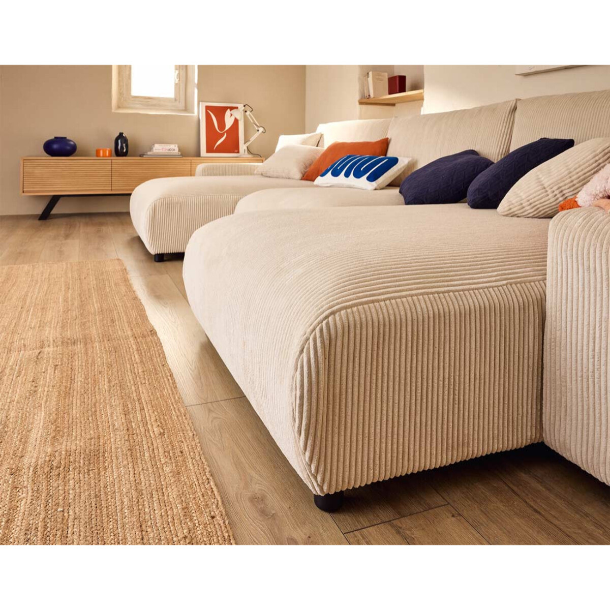 Pivoine - canapé panoramique en U - 7 places - convertible avec coffre - en velours côtelé - Beige