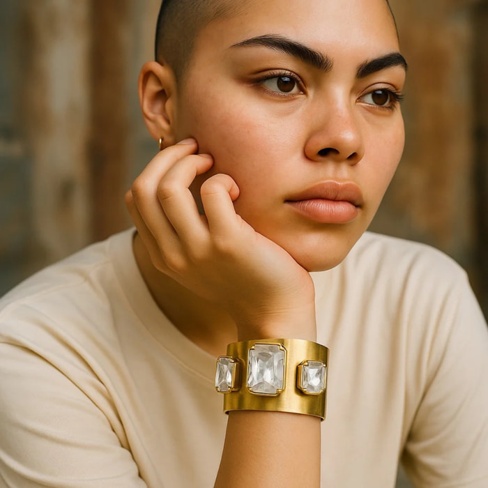 Brazalete ancho latón dorado y cristales diseño Gloria Mago