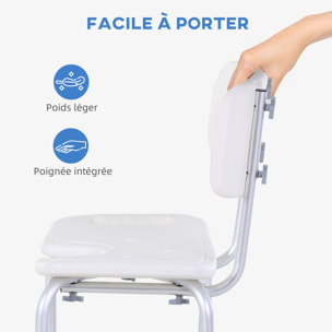 Chaise de douche siège de douche ergonomique hauteur assise réglable pieds antidérapants charge max. 136 Kg alu HDPE blanc