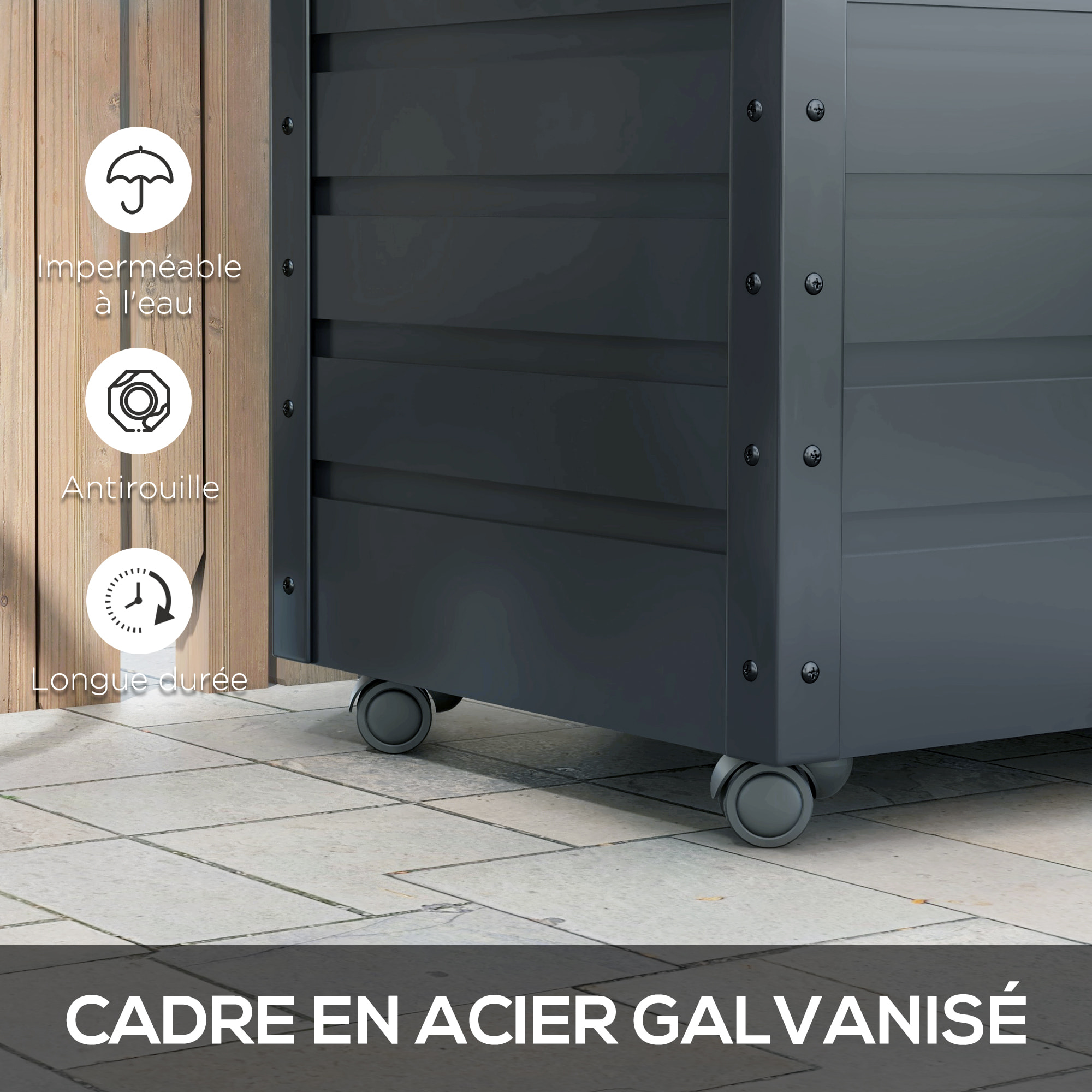 Coffre de jardin mobile 295L dim. 100x62x65cm verrouillable acier galvanisé anthracite