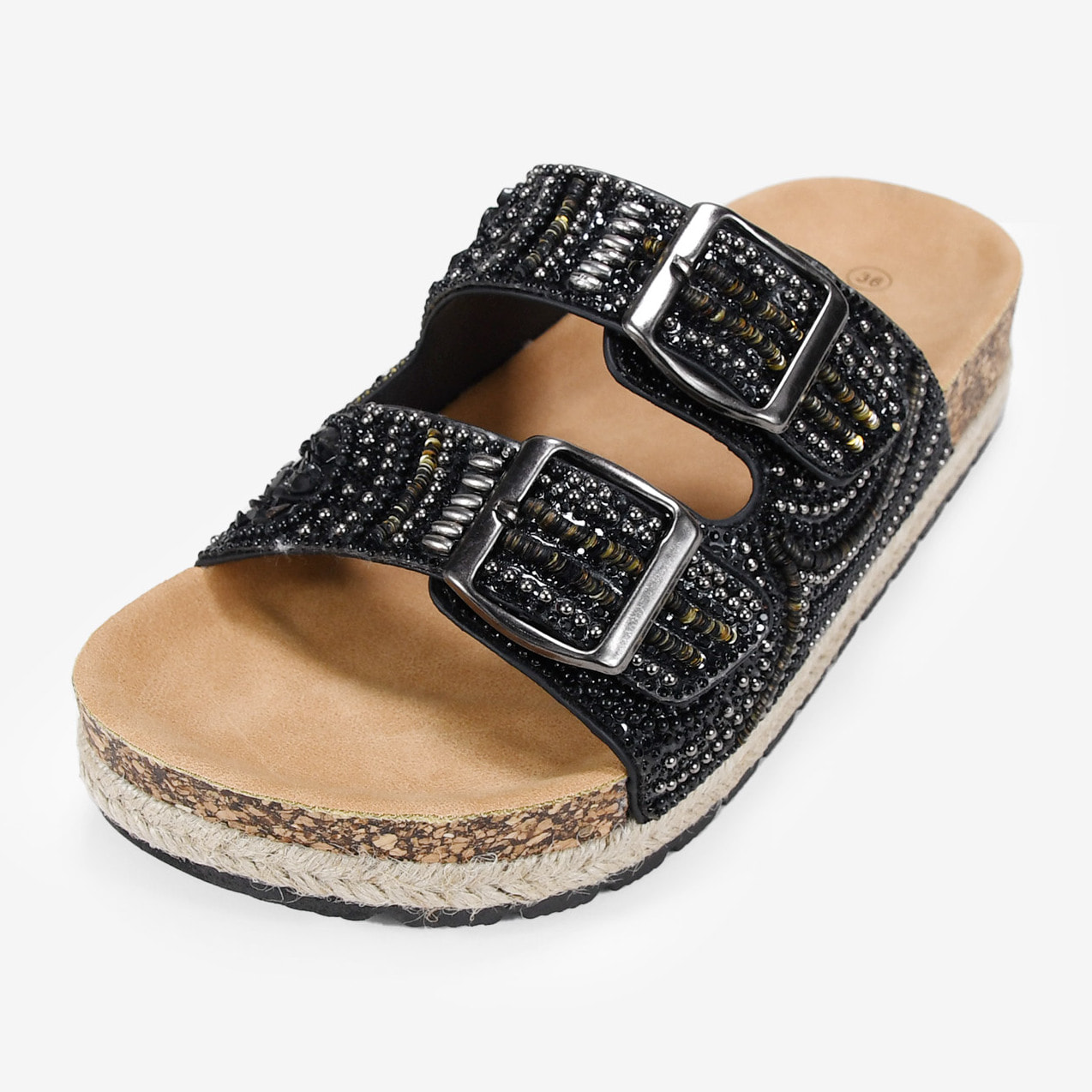 Sandalias de plataforma negras con piedras y hebillas