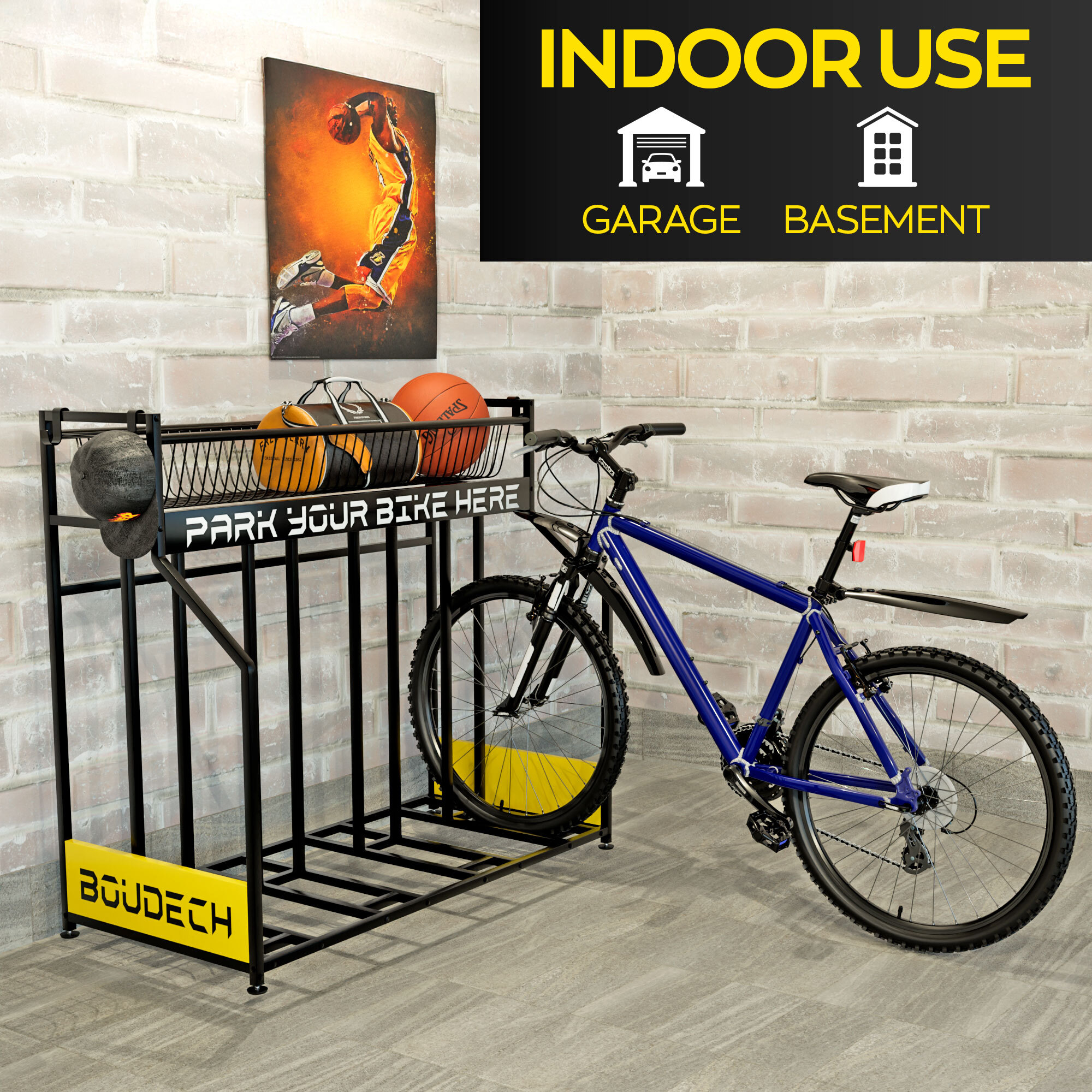 Parkade - Rastrelliera Portabici 4 Posti a Pavimento da Garage con Cesta Portaoggetti e 4 Ganci in Metallo Nero