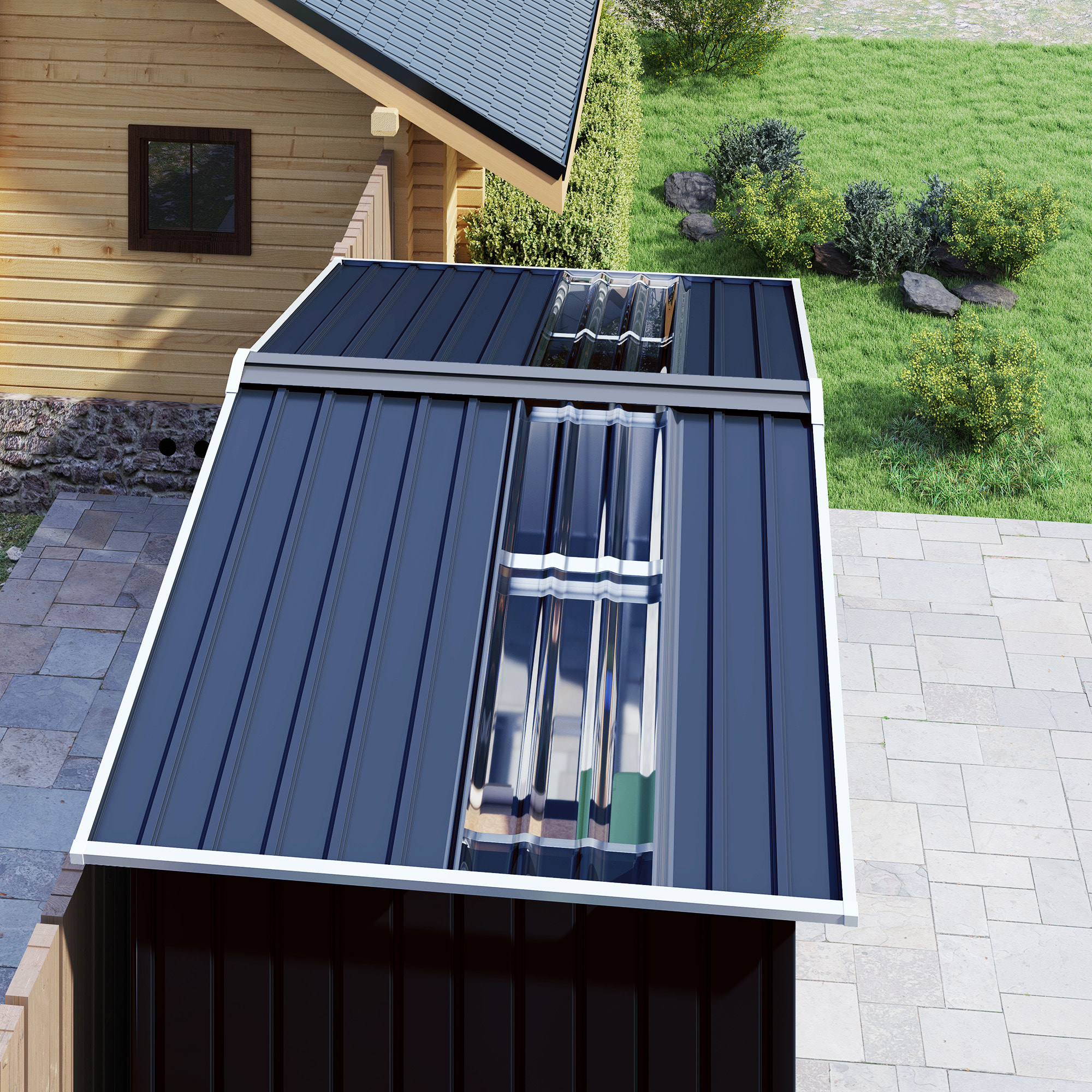 Cobertizo de Jardín 2,42m² con Base de Refuerzo Sin Suelo 213x130x185 cm Caseta de Jardín Exterior con Puertas Correderas Claraboya 4 Ventanas para Almacenamiento de Herramientas Gris Oscuro