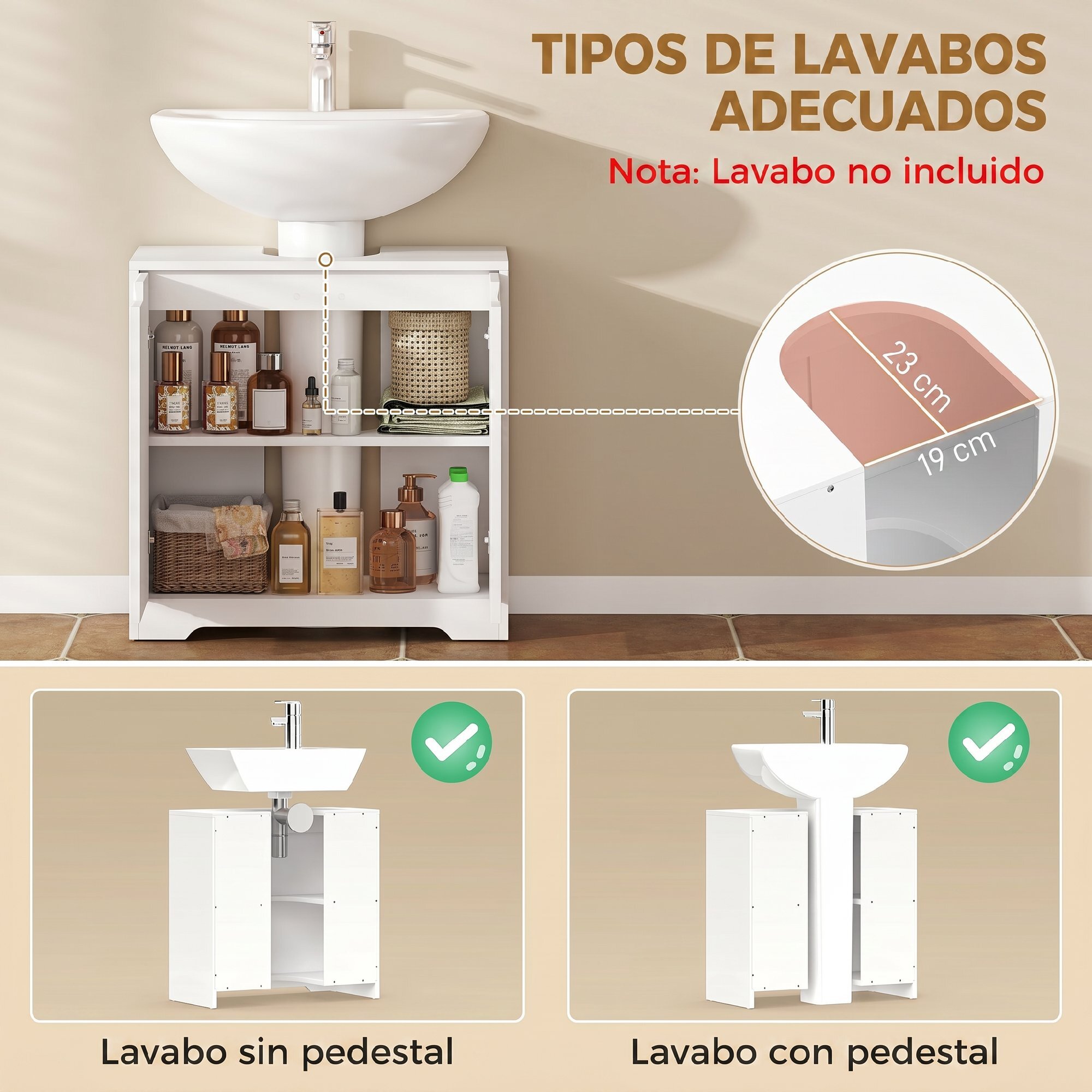 Mueble Bajo Lavabo, Mueble de Baño con Puertas de Cierre Suave y Diseño Acanalado, 2 Estantes, para Lavabo con o sin Pedestal, 60x30x60 cm, Blanco