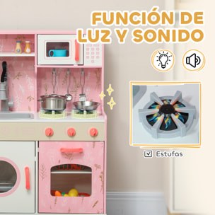 Cocina de Juguete para Niños +3 Años Cocina de Madera Infantil Cocinita Infantil con Sonido Fogón Horno Grifo Fregadero Microondas Lavadora Máquina de Hielo y Accesorios de Cocina Rosa