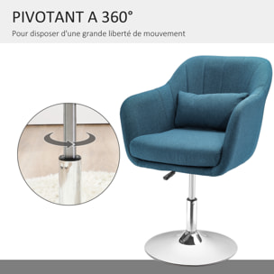 Fauteuil lounge design grand confort coussins lombaires hauteur réglable pivotant 360° piètement métal chromé lin bleu canard