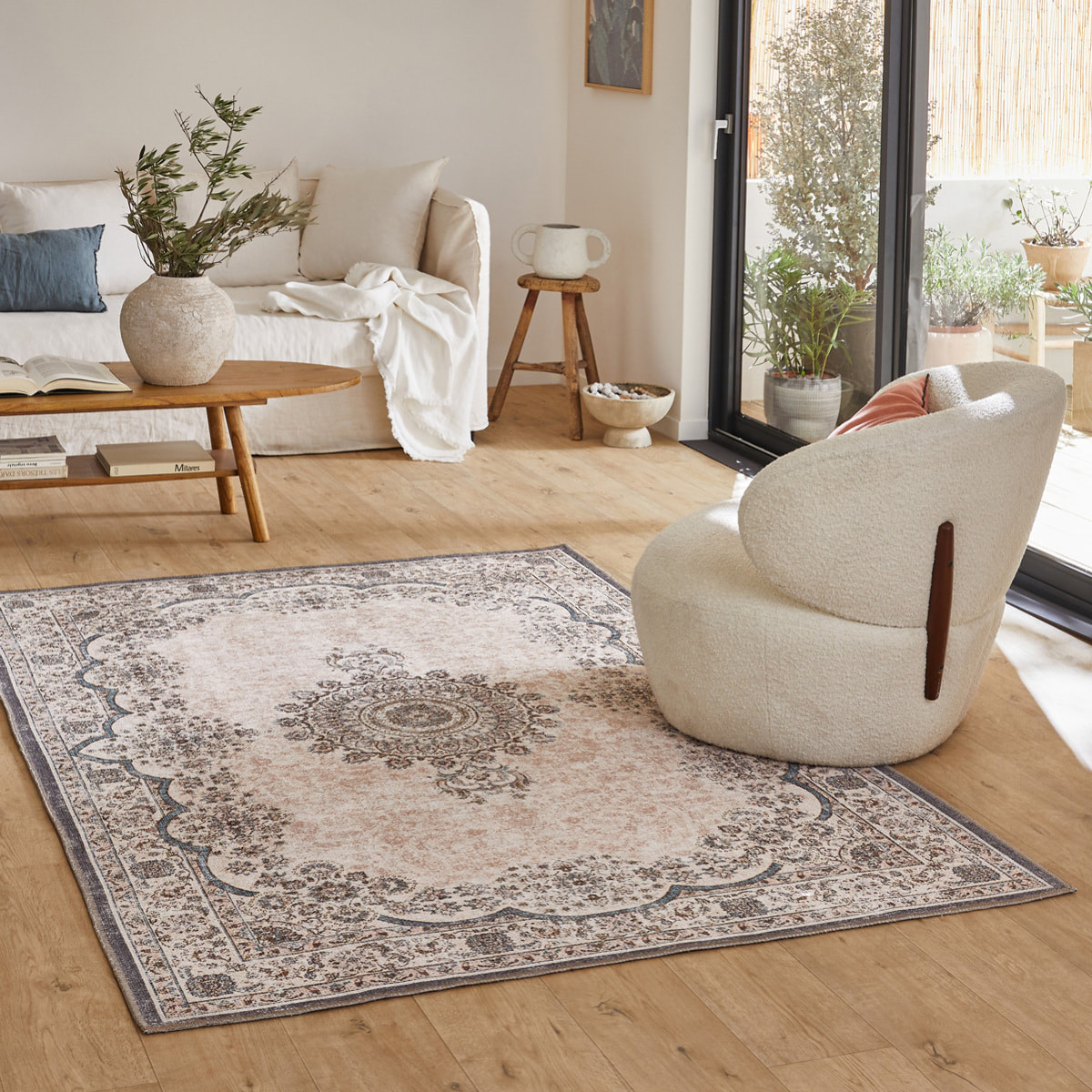 Carry - tapis vintage à poils ras lavable en machine à 30°C, rose