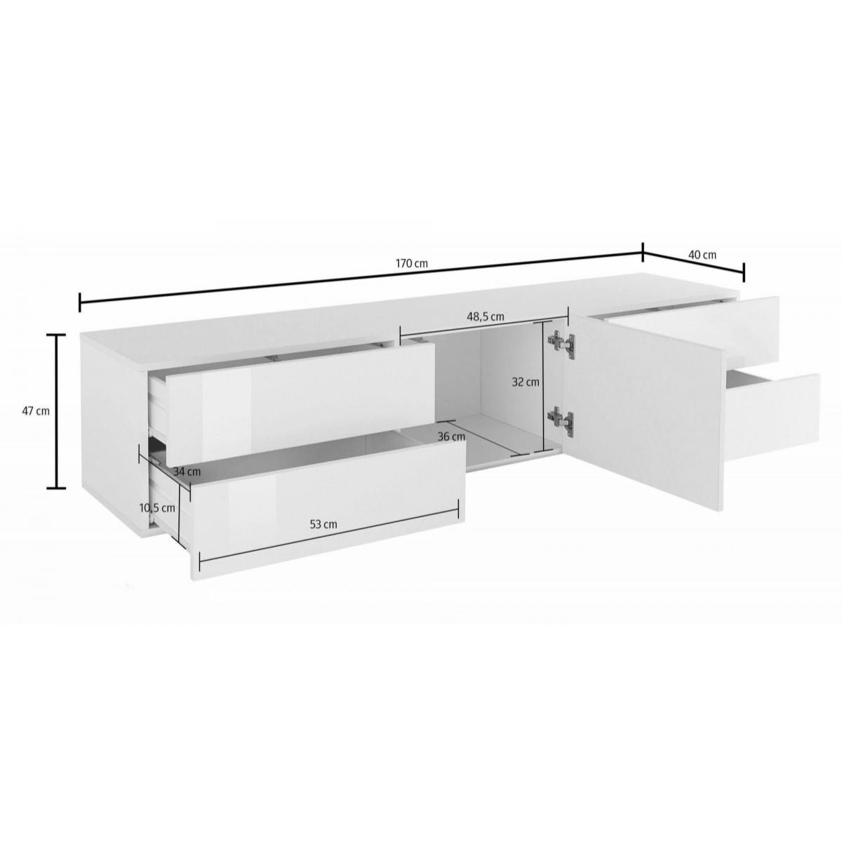 Mobile da soggiorno Porta TV, Made in Italy, Supporto per TV da salotto rialzato con 1 anta e 4 cassetti, cm 170x40h47, colore Bianco lucido