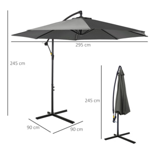 Sombrilla de Jardín Ø300x250 cm Parasol Excá©ntrico Inclinable con Manivela Base Cruzada y Soporte de Acero Protección Solar para Terraza Exterior Gris
