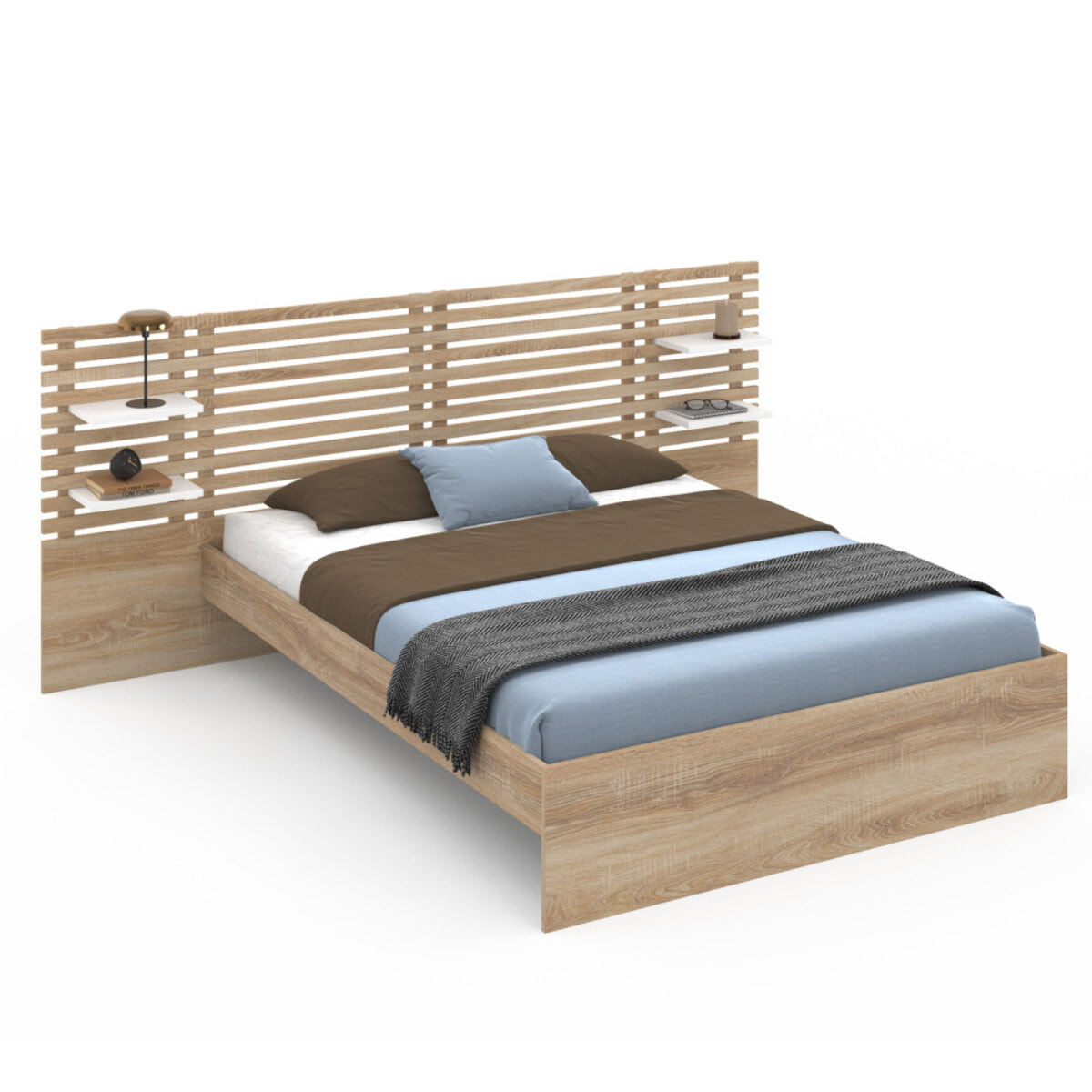 Lit Rosalia 140x190cm tête de lit tasseaux et tablettes