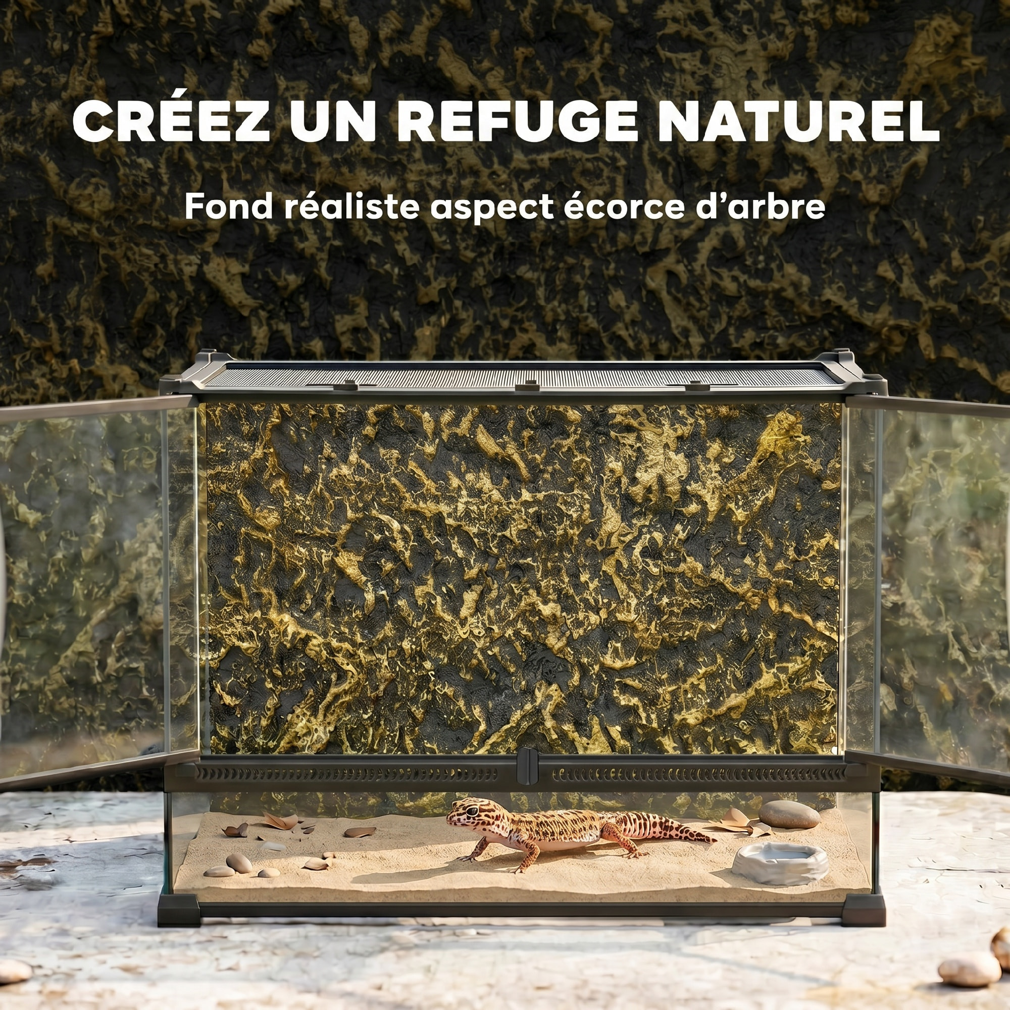 Terrarium verre 48L vivarium boîte à reptiles fermeture sécurisée par rotation noir
