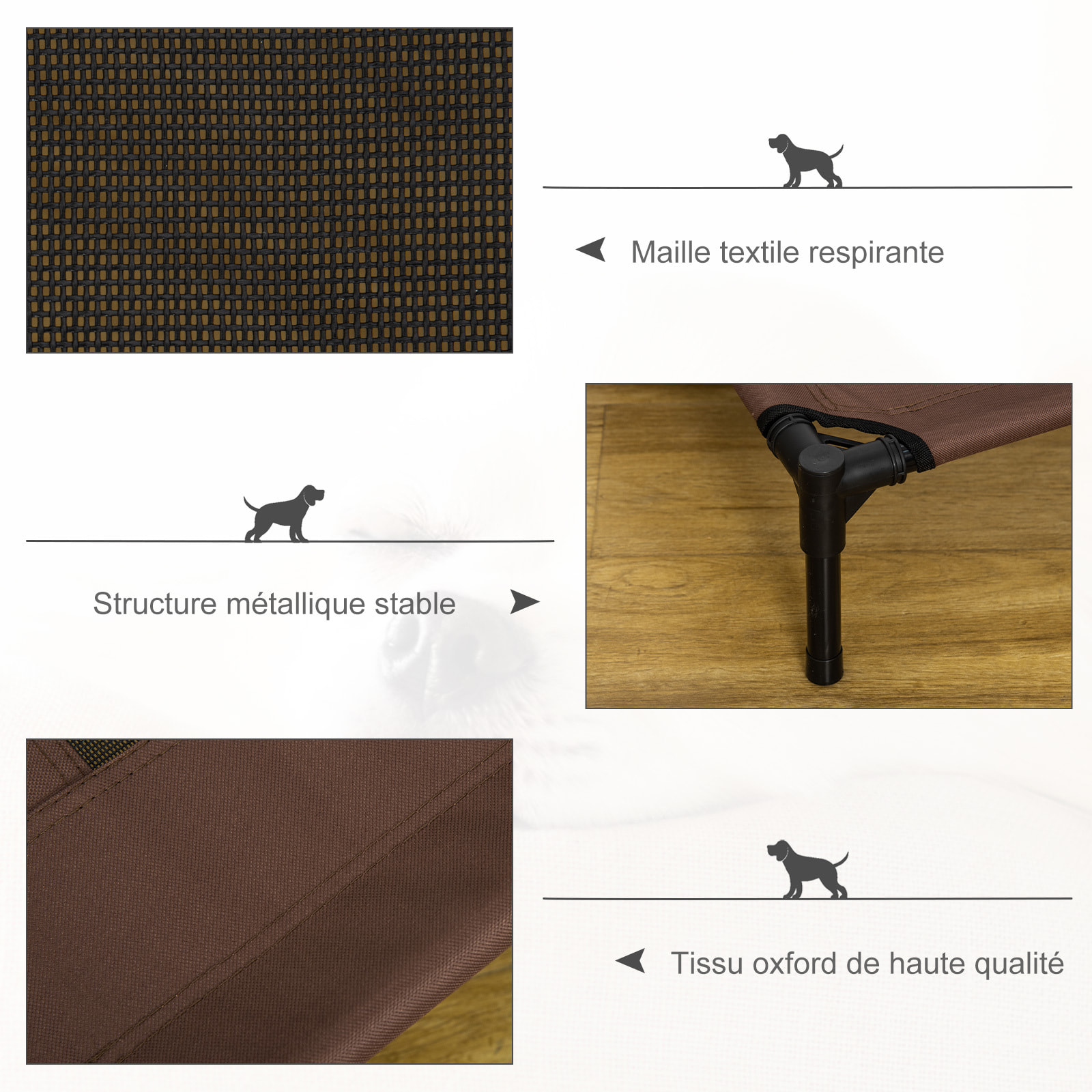 Lit sur pieds pour chien chat lit de camp animal lit surélevé Oxford textilène micro-perforé dim. 92L x 76l x 18H cm marron