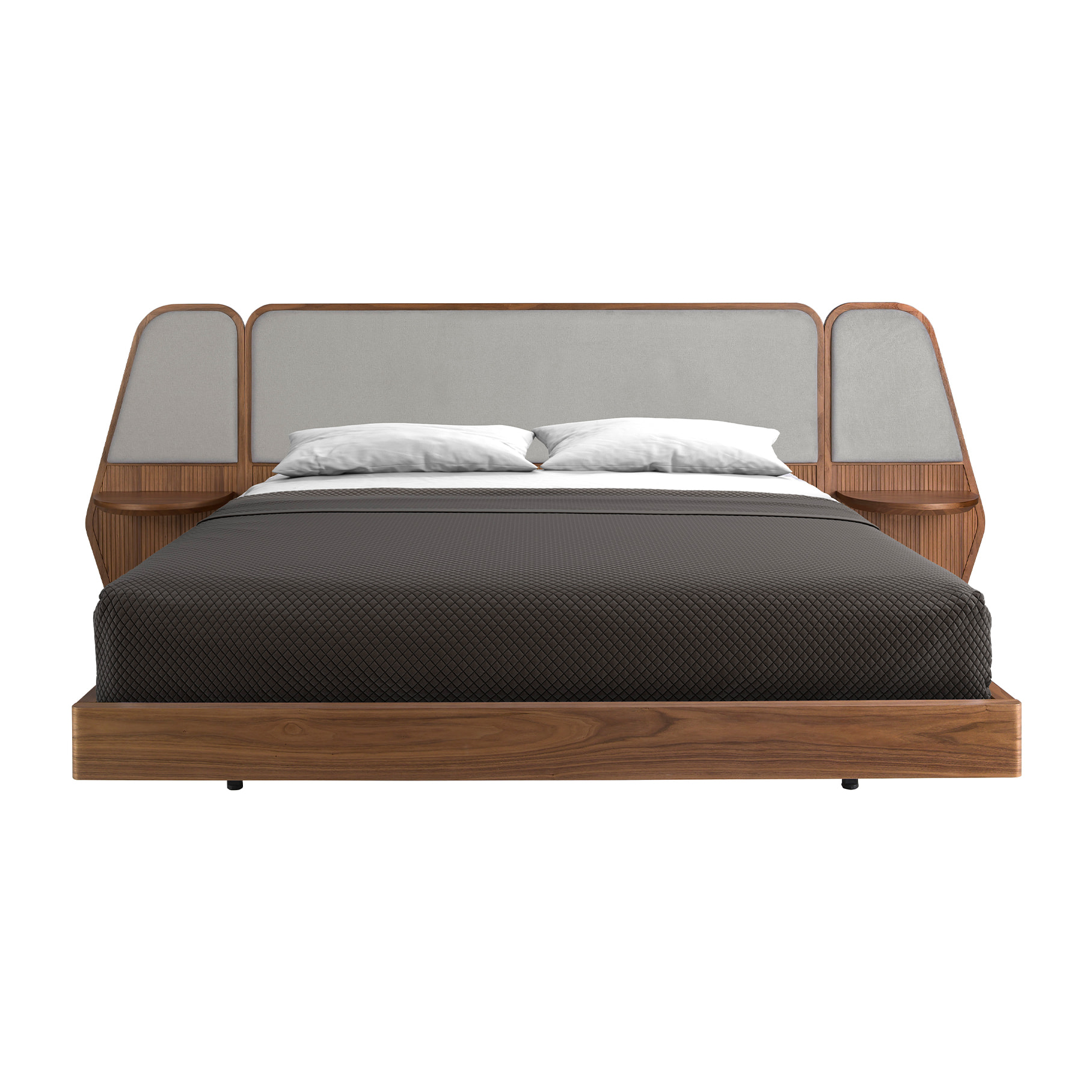 Cama Angel Cerdá de matrimonio en madera chapada en nogal natural y patas de acero inoxidable en negro 296x209x110cm