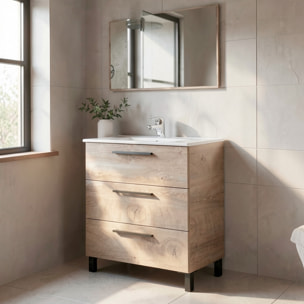 Mobile Bagno A Terra Con 3 Cassetti Lavabo In Ceramica E Specchio 77 x 50 Cm Inclusi Design Moderno Salvaspazio 80 x 45 x 86 Cm Colore Rovere Alaska