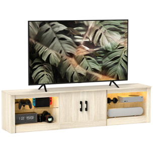 Mueble de TV Moderno Mueble de TV para Salón con Luces LED RGB Puertas con Cierre Lento y Estantes de Vidrio Abiertos Mueble para Televisión de 75 Pulgadas 180x35x45 cm Roble