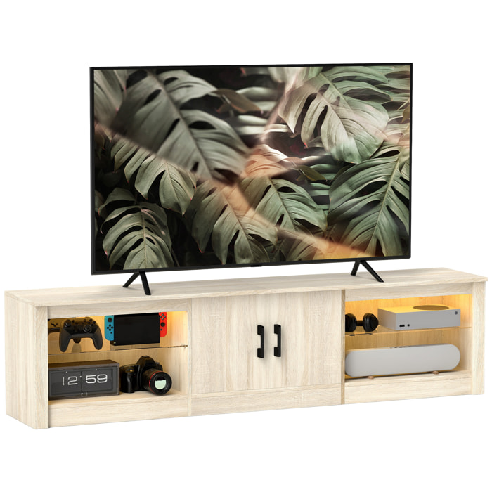 Mueble de TV Moderno Mueble de TV para Salón con Luces LED RGB Puertas con Cierre Lento y Estantes de Vidrio Abiertos Mueble para Televisión de 75 Pulgadas 180x35x45 cm Roble