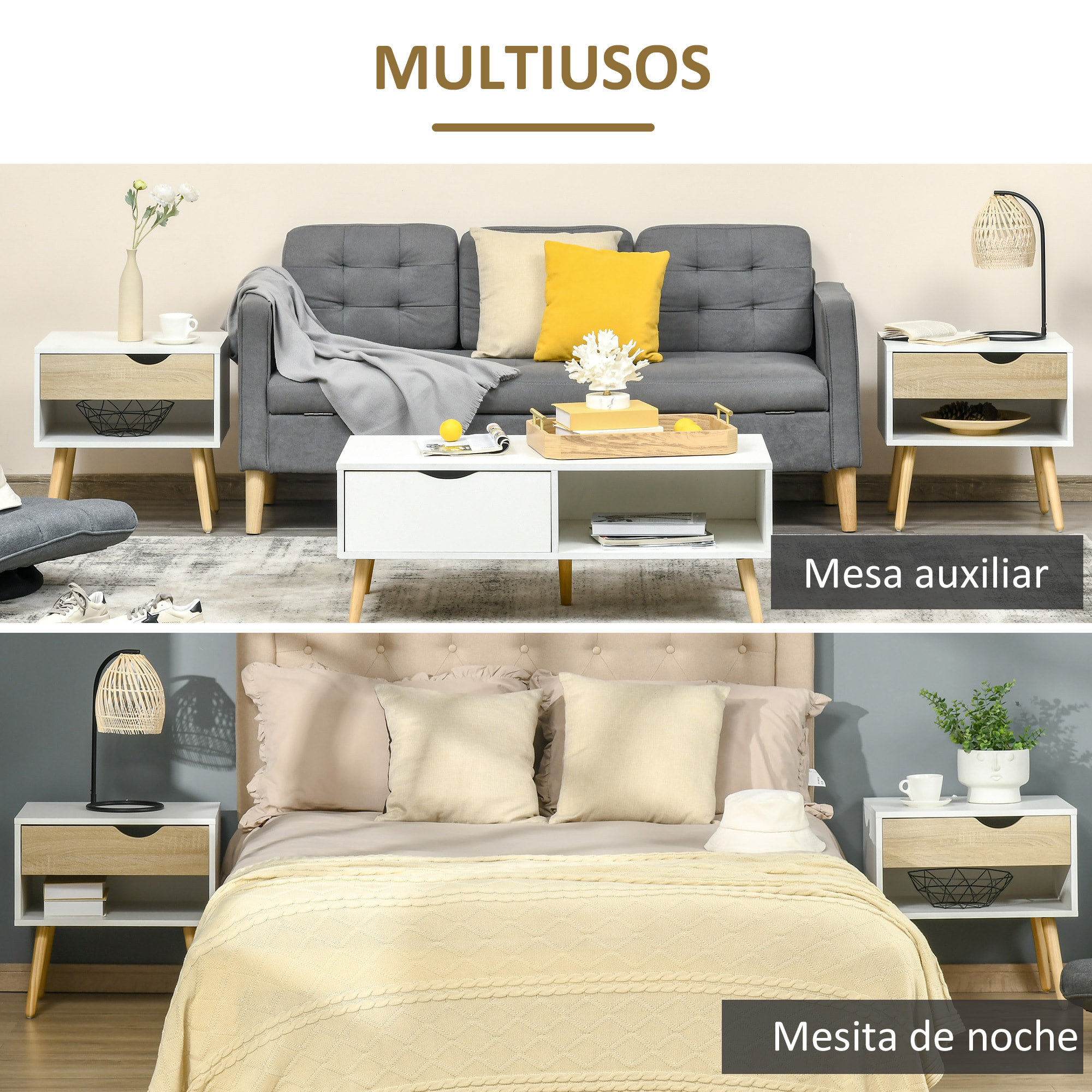Set de 2 Mesitas de Noche Mesa Auxiliar con 1 Cajón y Estante 50x39x51 cm Blanco