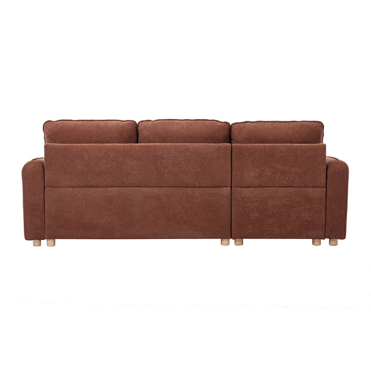 Canapé d'angle convertible réversible avec coffre 3 places en tissu chenille terre brûlée et bois clair ORSO