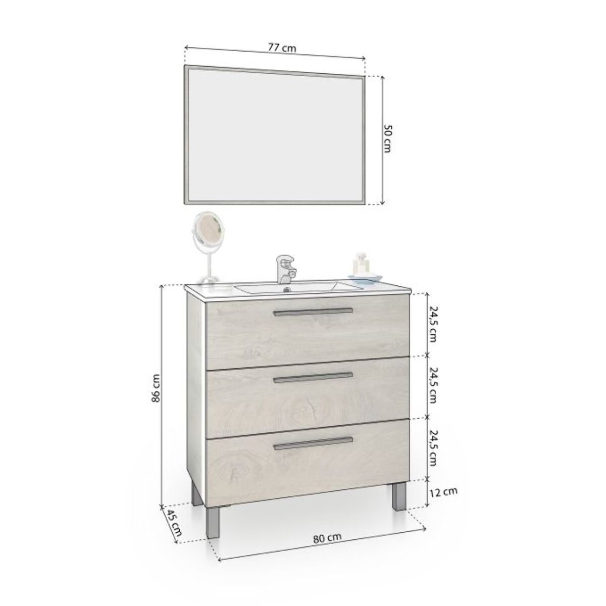 Mueble de baño con espejo Sense 3 cajones Roble Alaska