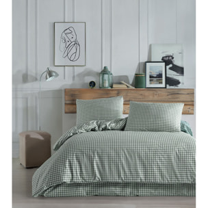 Housse de couette + taie(s) oreiller "Vichy vert" 100% coton imprimé.