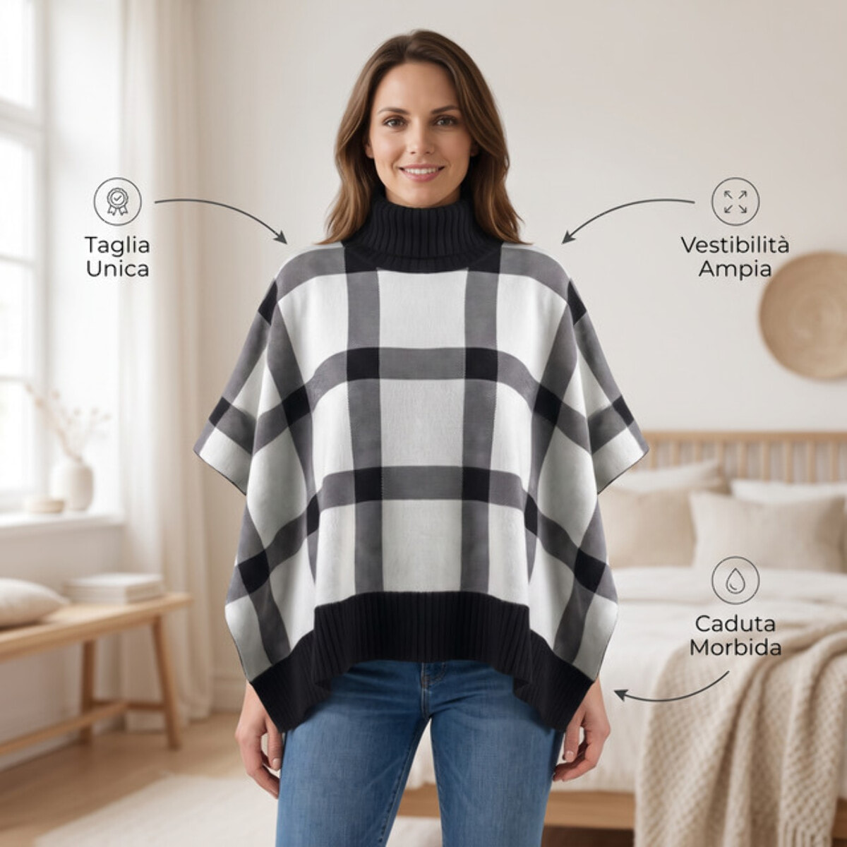 Poncho in maglia in poliestere - Bianco Nero