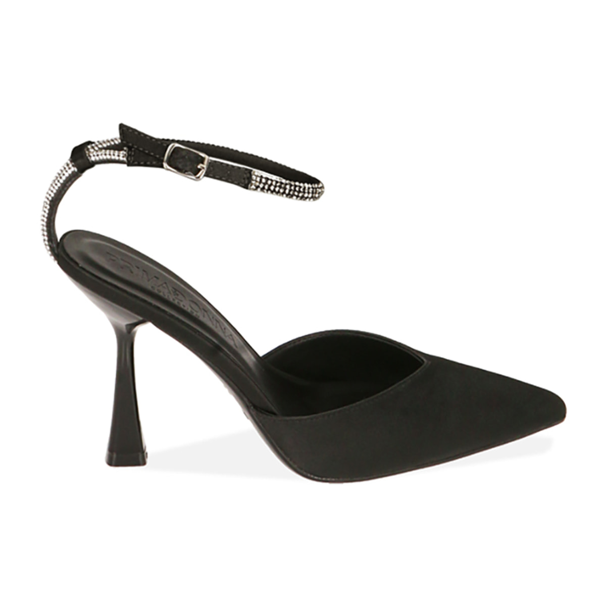 Décolleté slingback nere in raso, tacco 9,5 cm