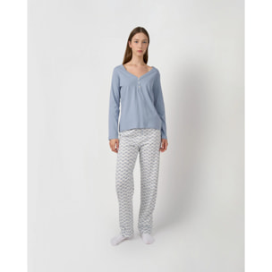 Pigiama lungo in cotone con scollo a v, arubi blu