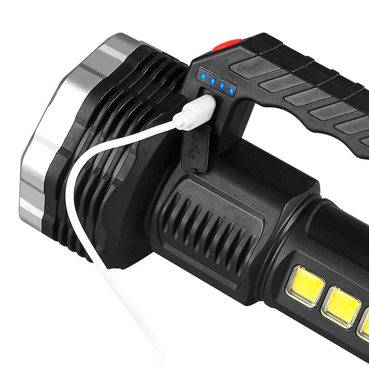 Linterna LED de alto rendimiento con 13 LEDs, 4 niveles de brillo, luz COB auxiliar y batería recargable de 1200mAh.