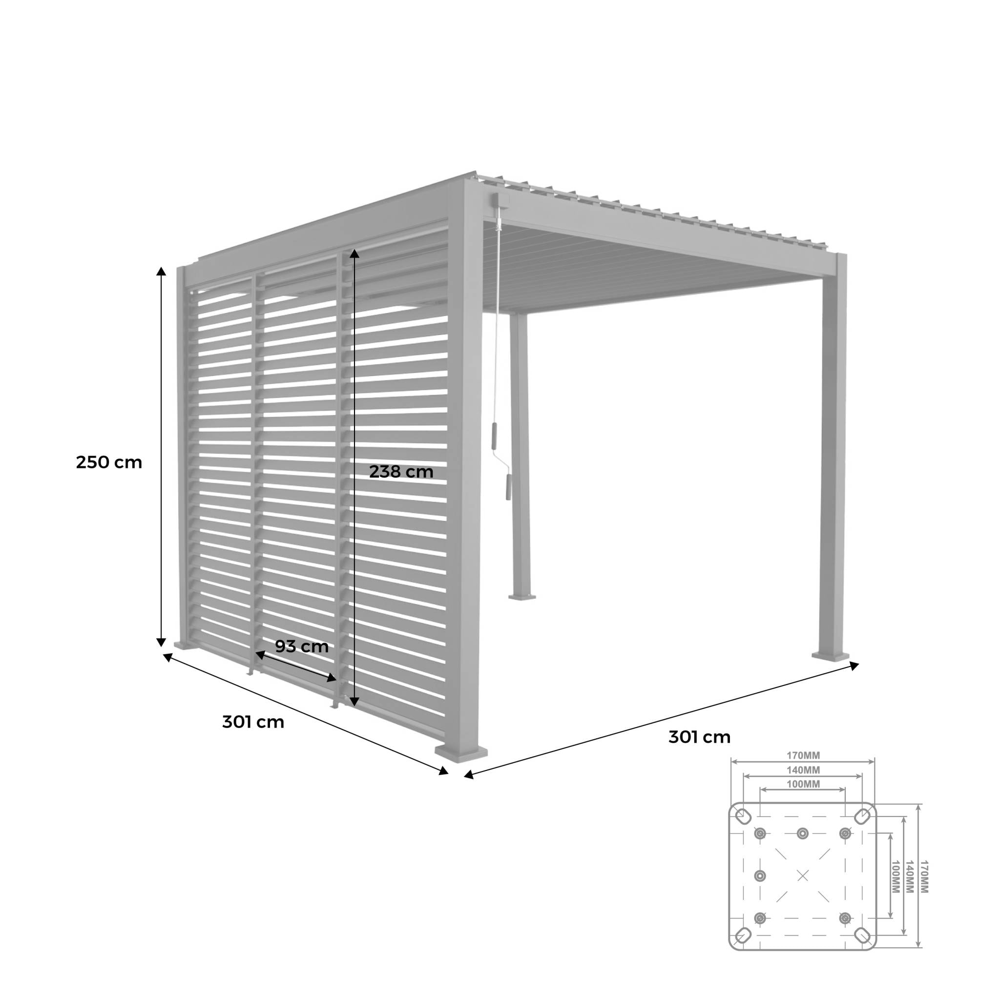 Pergola bioclimatique aluminium 3x3 m V2 lames orientables + 3 persiennes TRIOMPHE blanc