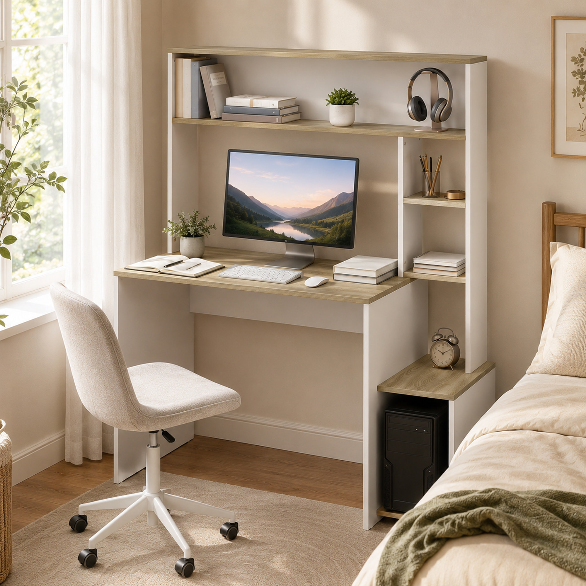 Mesa de Escritorio con Estanterías Mesa de Ordenador Moderna con Estantes Soporte para Monitor CPU de Oficina Estudio 114x45x138 cm Blanco y Natural