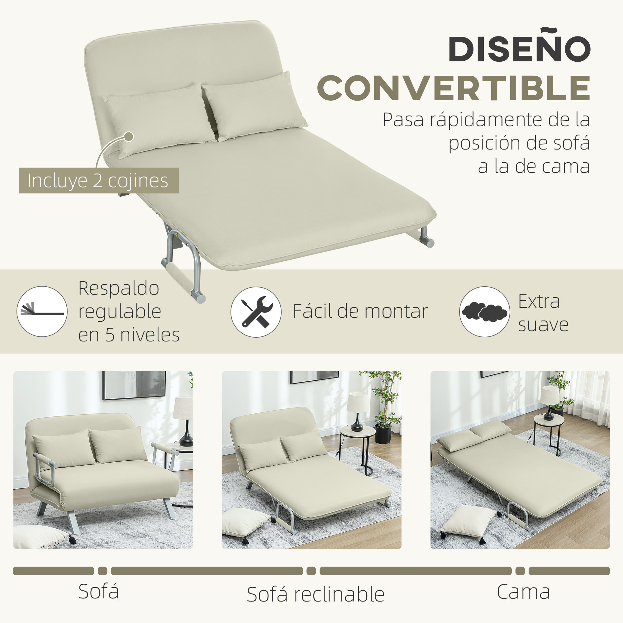 Sofá Cama de 2 Plaza 2 en 1, Sillón Cama Plegable Tapizado en Ante Sintético, con Respaldo Ajustable en 5 Niveles y 2 Almohadas Acolchadas, para Oficina, Dormitorio, Salón, 111x80x78 cm, Crema