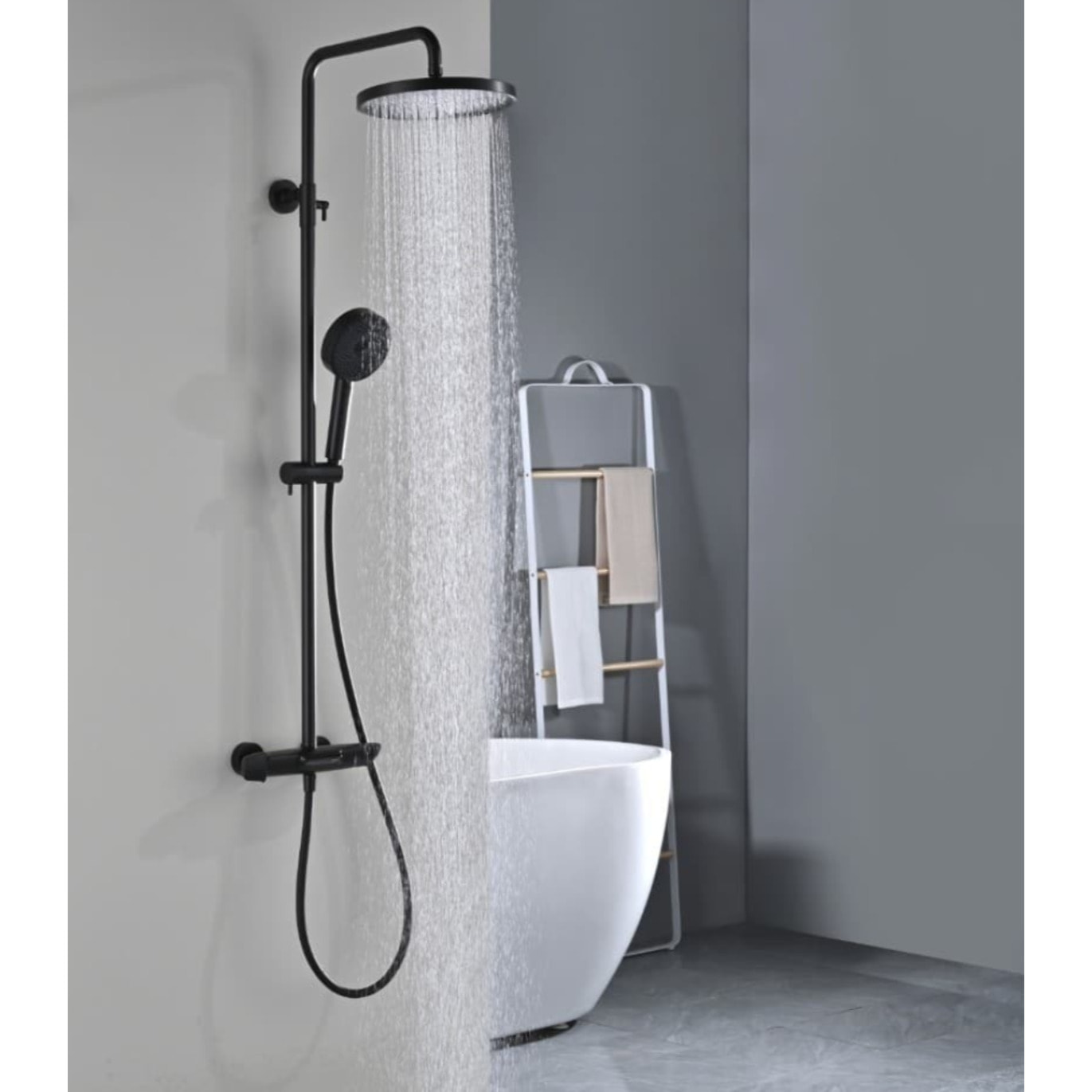 Ensemble bain/douche 3 jets avec mitigeur thermostatique de baignoire + douche de tête + douchette à main, noir mat (SATSSTVKC)