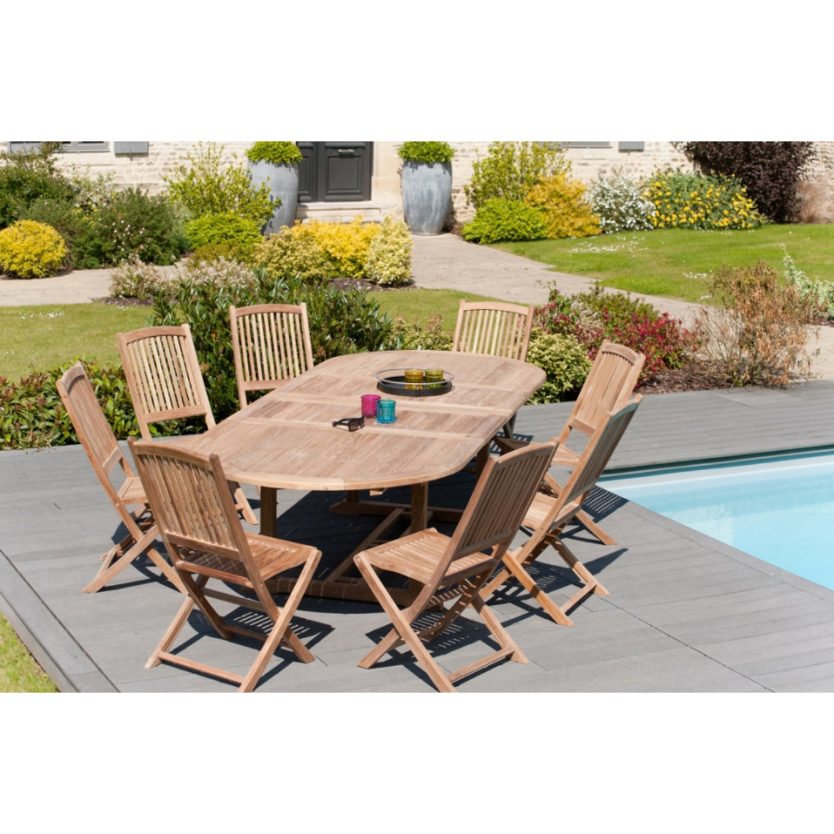 HARRIS - Table de jardin 10/12 personnes - ovale double extension 200/300*120 cm en bois Teck