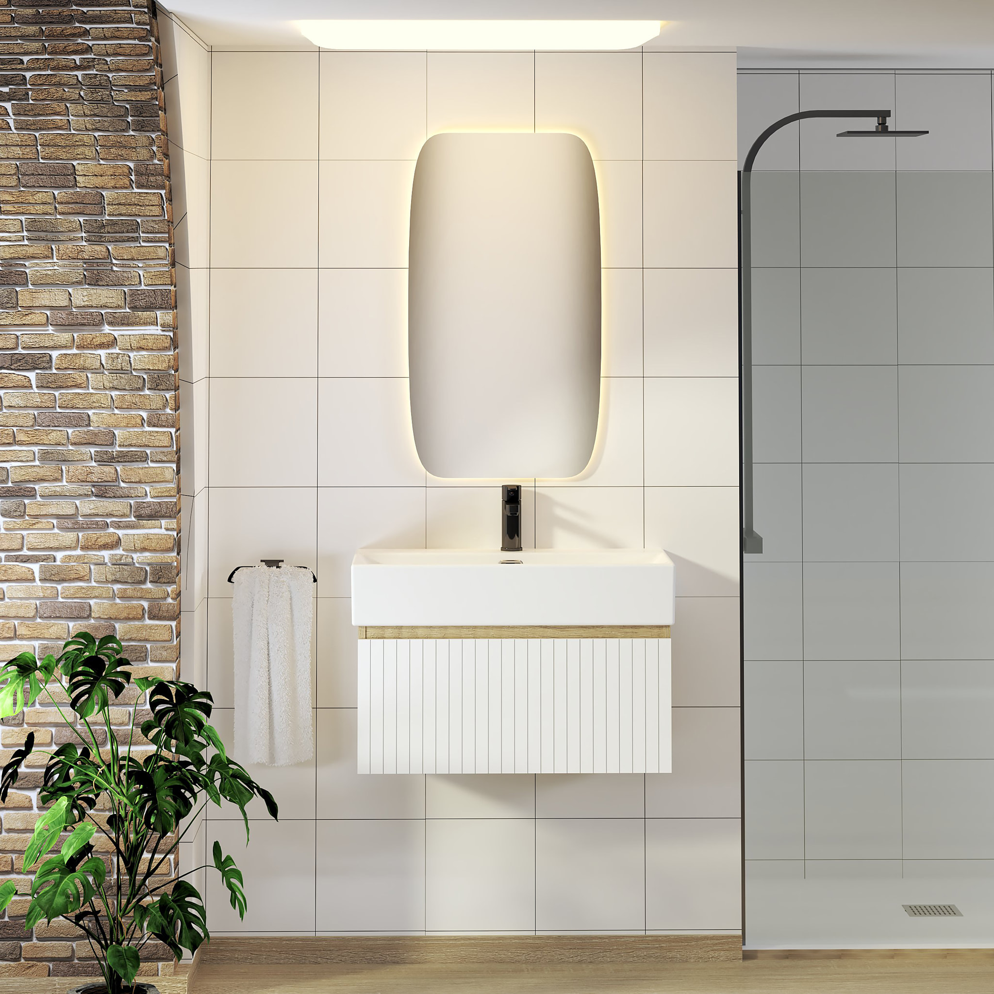 Conjunto de Baño Zel | Mueble Suspendido | 70 cm Blanco | Un Cajón | Lavabo Encastrado | No incluye Espejo | Mueble Montado| Alday