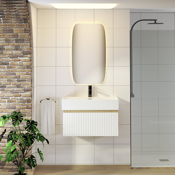 Conjunto de Baño Zel | Mueble Suspendido | 70 cm Blanco | Un Cajón | Lavabo Encastrado | No incluye Espejo | Mueble Montado| Alday