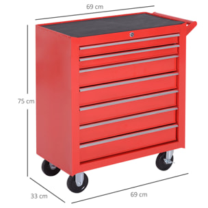 Carro de Herramientas con 7 Cajones Caja Taller Cerradura tipo Mueble de Almacenamiento para Taller Garaje y Hogar Chapa de Acero Ruedas 69x33x75cm Rojo