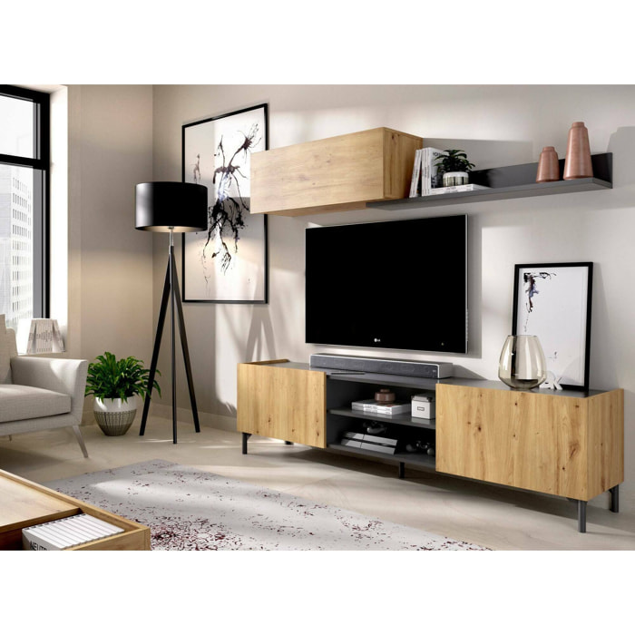 Parete attrezzata Korab, Set da soggiorno porta TV, Mobile salotto multiuso, 182x35h180 cm, Rovere Nodi e Antracite