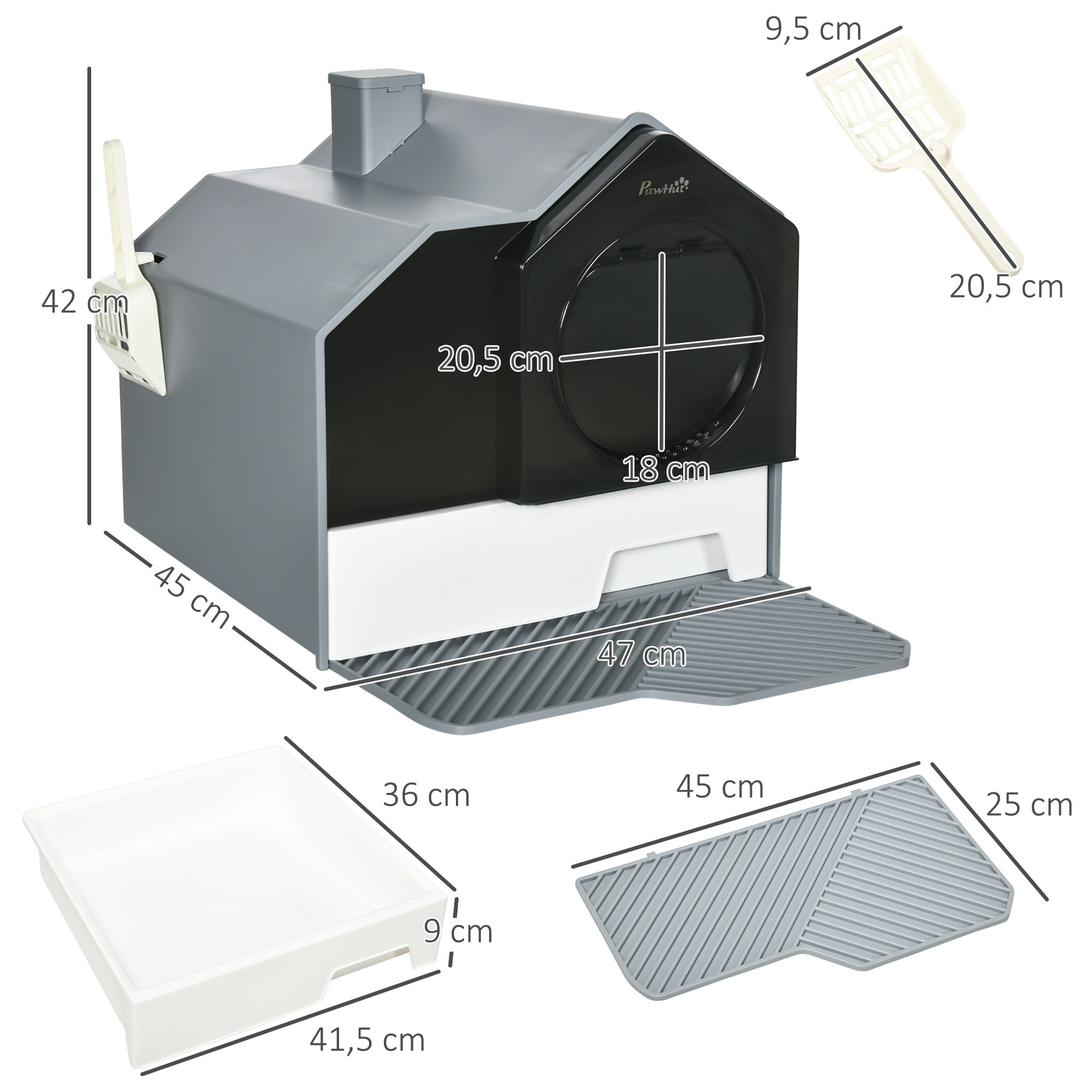 Arenero Cubierto para Gatos Caja de Arena Cerrada para Gatos con Bandeja Extraíble Pala Pedal Exterior y Filtro Desodorizante 47x45x42 cm Gris