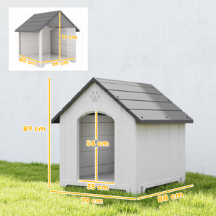 Caseta para Perros Exterior, Casa para Perros Grandes de Plástico Impermeable con 2 Ventanas, Base Elevada, Estacas, Fácil de Montar, 88x79x89 cm, Gris