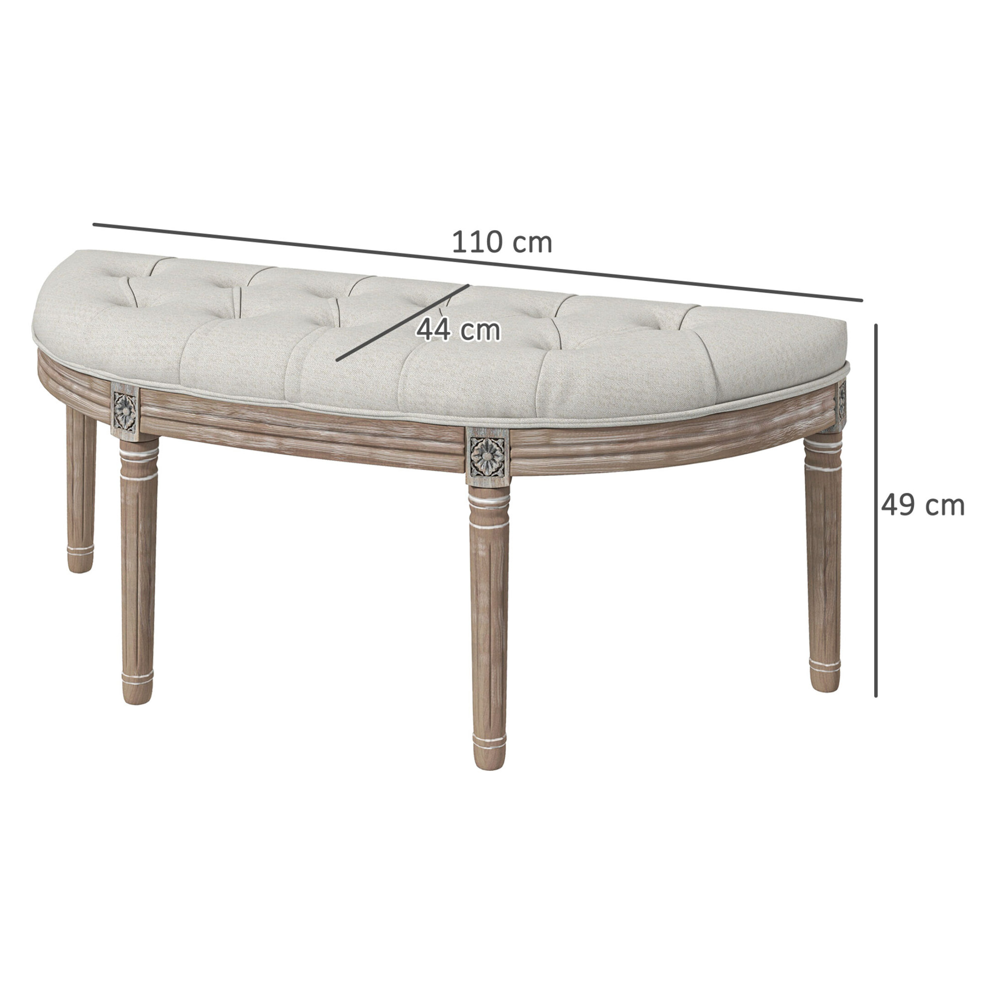 Banc bout de lit demi-lune style Louis XVI bois sculpté patiné tissu grège